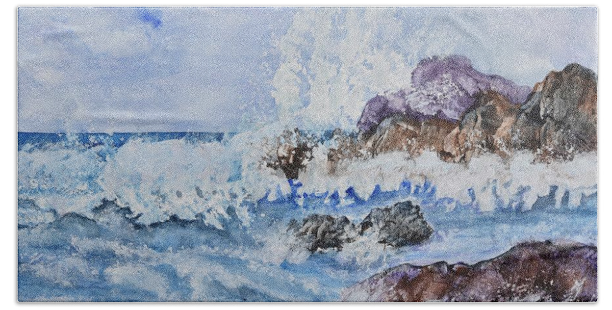 Linda Brody Beach Towel featuring the painting Crashing Wave III by Linda Brody