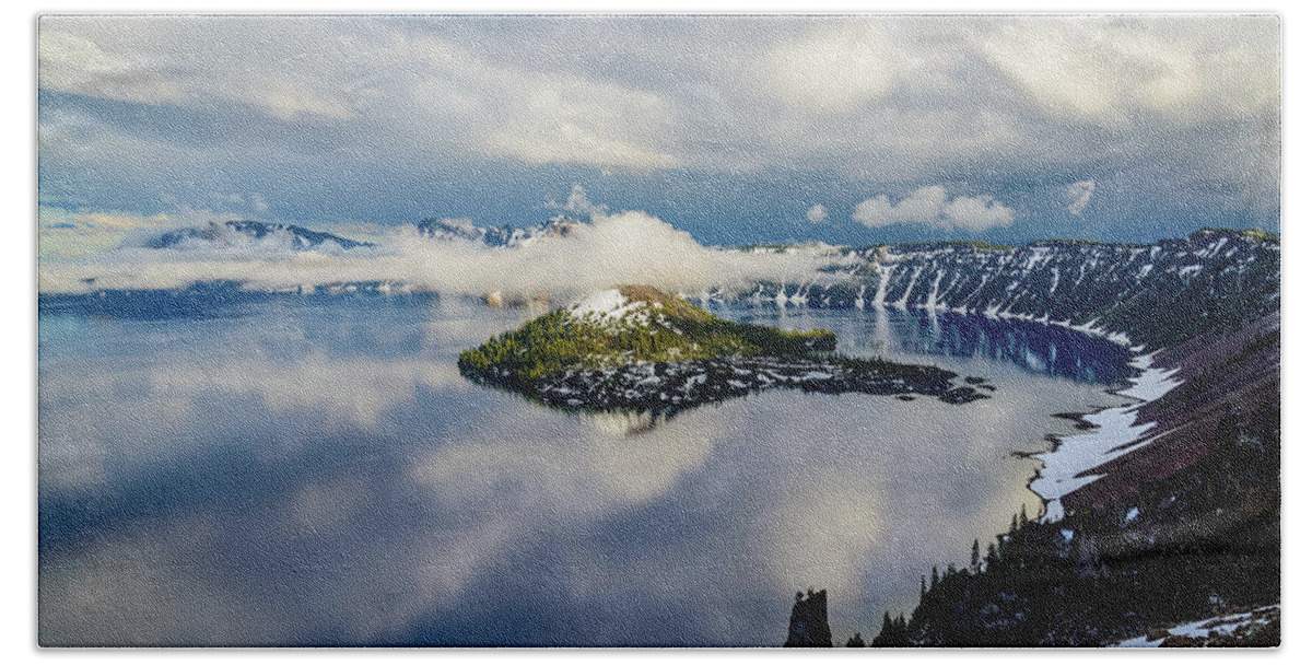Crater Lake. National Park Beach Sheet featuring the photograph Crater Lake Storm by Mike Ronnebeck
