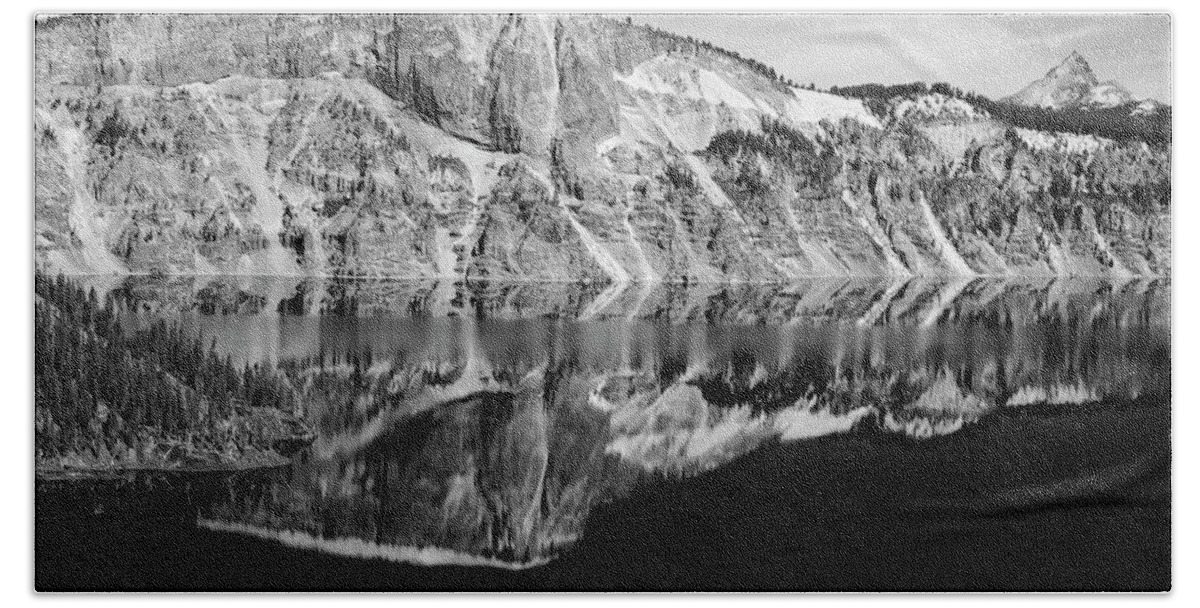 Crater Lake West Rim Beach Sheet featuring the photograph Crater Wall At Crater Lake in BW by Frank Wilson