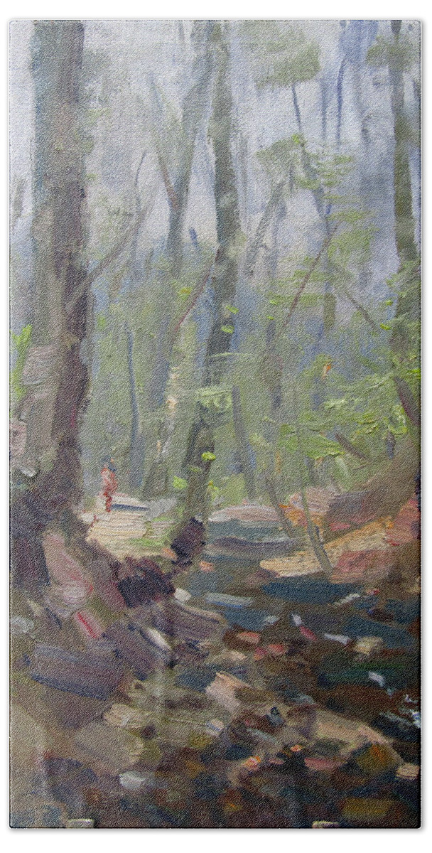 Creek Beach Towel featuring the painting Creek at Lockport Natural Trail by Ylli Haruni
