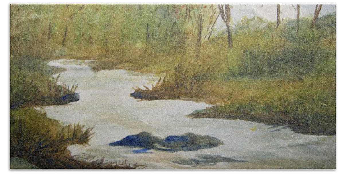 Catskills Beach Towel featuring the painting Creek in the Catskills by Ellen Levinson
