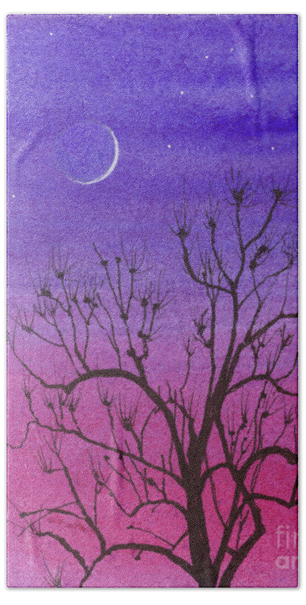 Watercolor Beach Towel featuring the painting Crescent Moon and Peculiar Tree by Jackie Irwin
