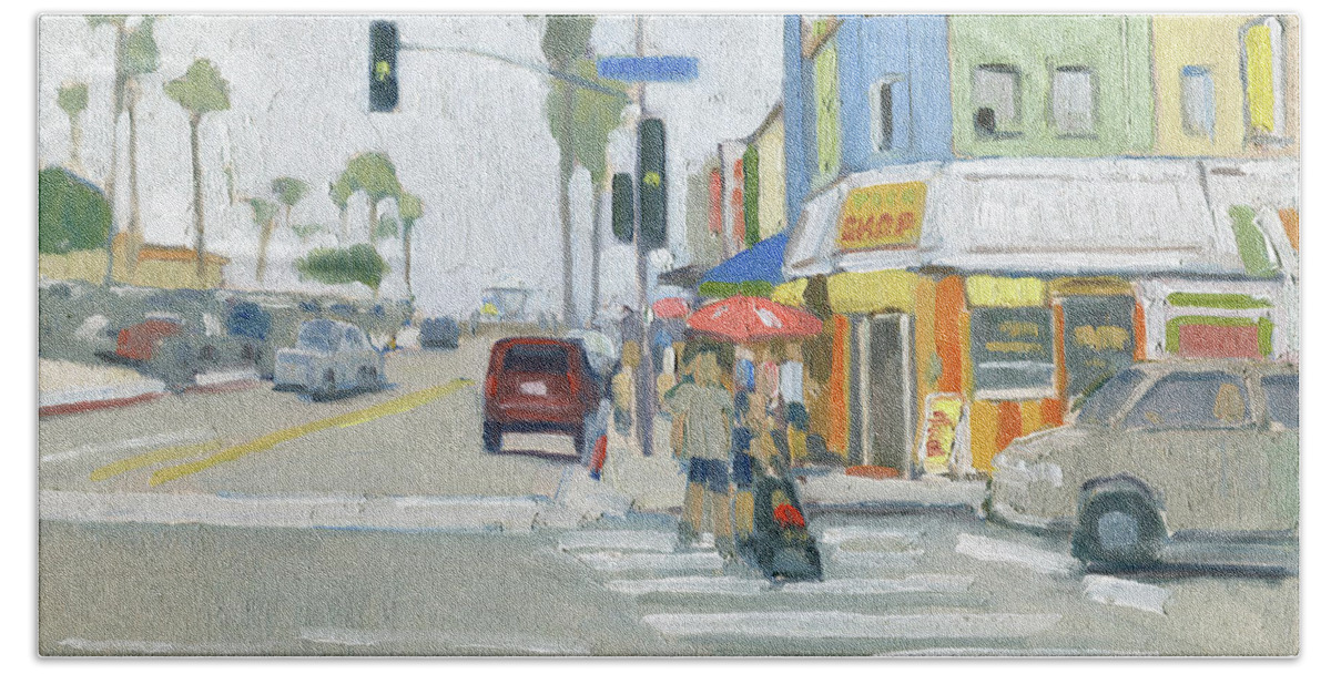 Mission Boulevard Beach Towel featuring the painting Mission Blvd Mission Beach San Diego California by Paul Strahm