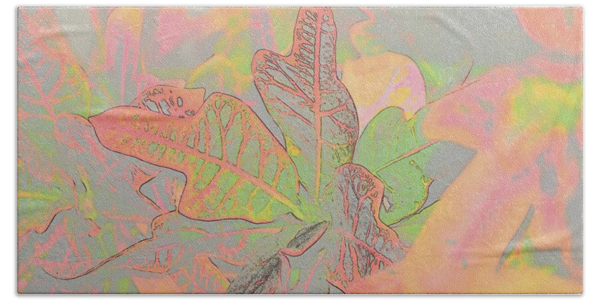 Linda Brody Beach Towel featuring the digital art Croton Leaves I Pastel by Linda Brody