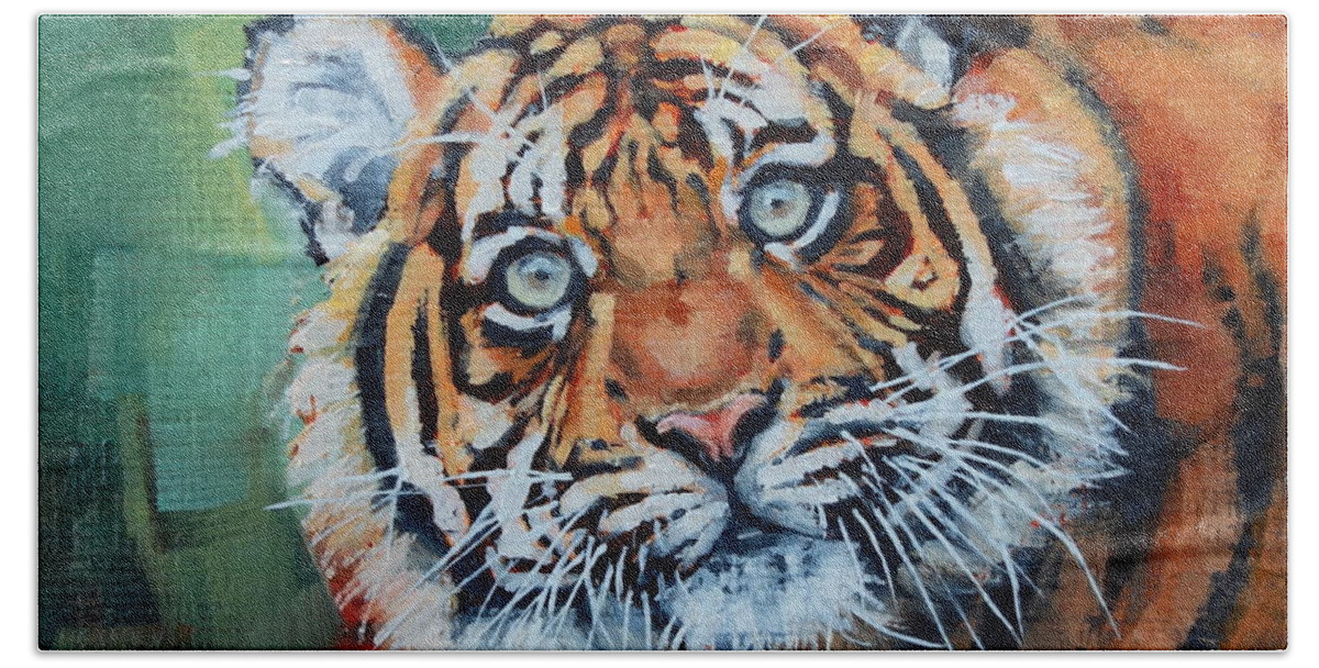 Tiger Beach Towel featuring the painting Crouching Tiger by Margaret Stockdale