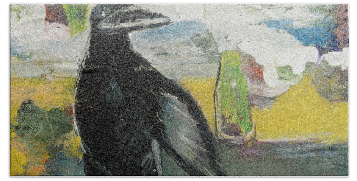 Crow Beach Towel featuring the painting Crow Ruckus by Craig Newland