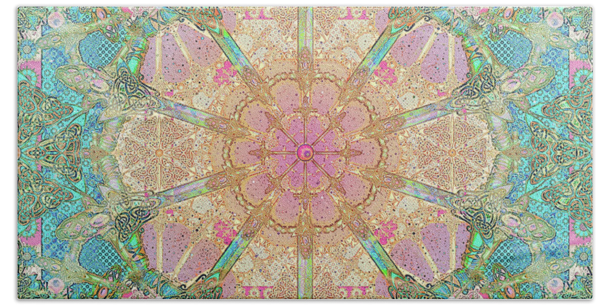 Celtic 60s Patchwork Ornate Beautiful Bright Intricate Quilt Beach Sheet featuring the digital art Cuppycake Celtic Aqua by Deborah Runham