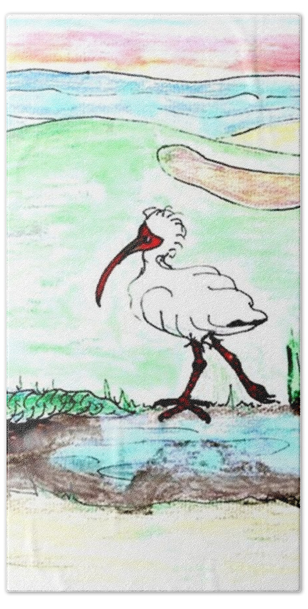 Ibis Beach Towel featuring the drawing Curious ibis stands by by Carol Allen Anfinsen