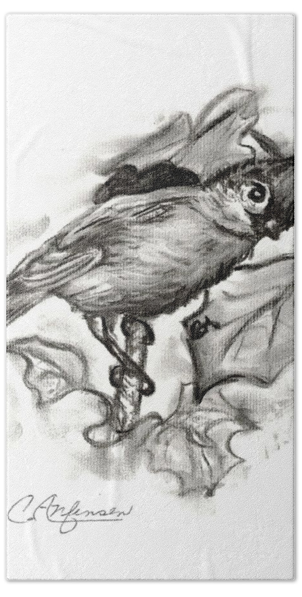 Birds Beach Towel featuring the drawing Curious titmouse by Carol Allen Anfinsen