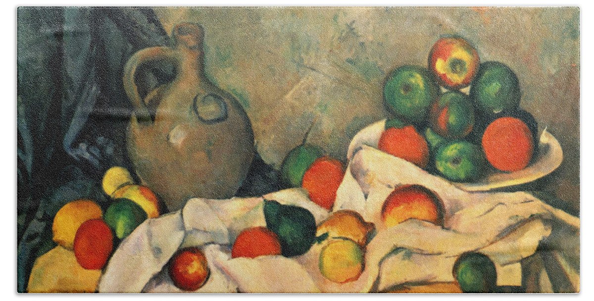 Paul Cezanne Beach Towel featuring the painting Curtain, Jug And Fruit by Paul Cezanne