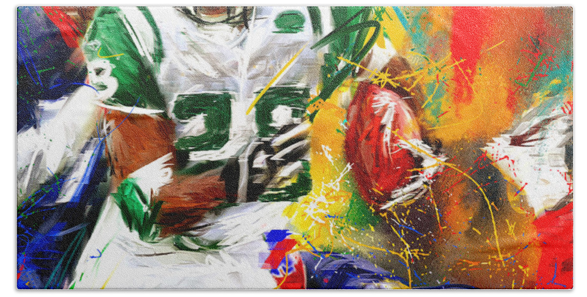 Curtis Martin Beach Towel featuring the painting Curtis Martin New York Jets by Lourry Legarde