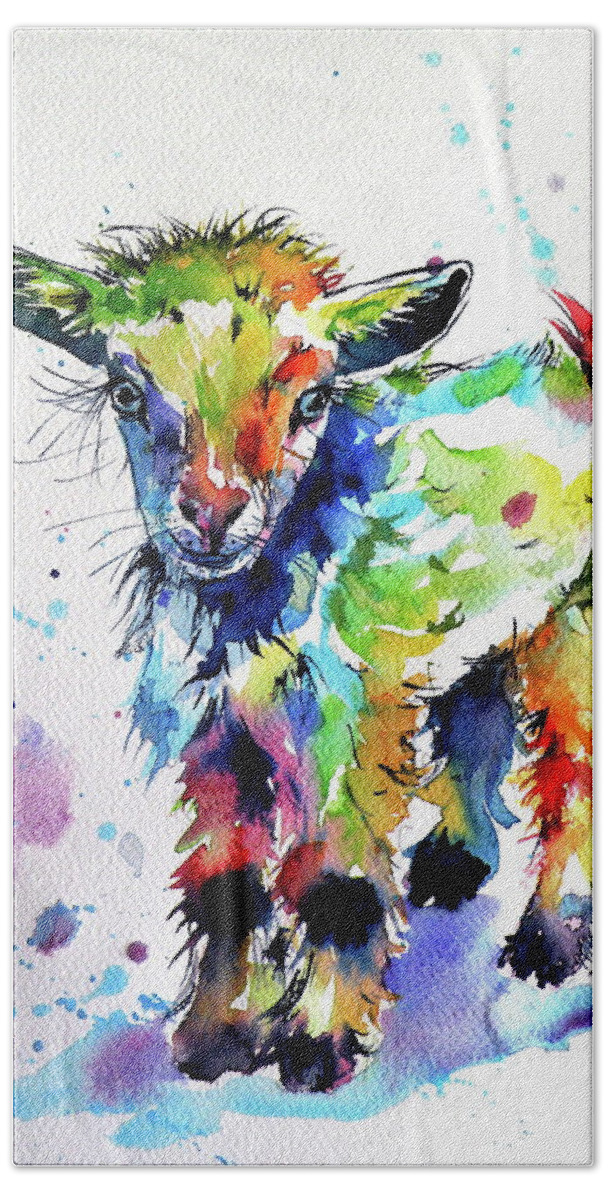 Cute Beach Sheet featuring the painting Cute baby goat by Kovacs Anna Brigitta