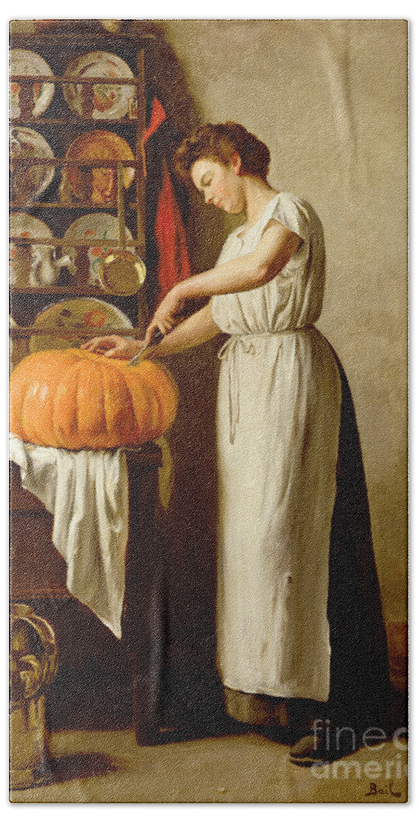 Interior; Female; Maid; Apron; Dresser; China; Copper Jug; Knife; Domestic; Food Preparation Beach Towel featuring the painting Cutting the Pumpkin by Franck-Antoine Bail