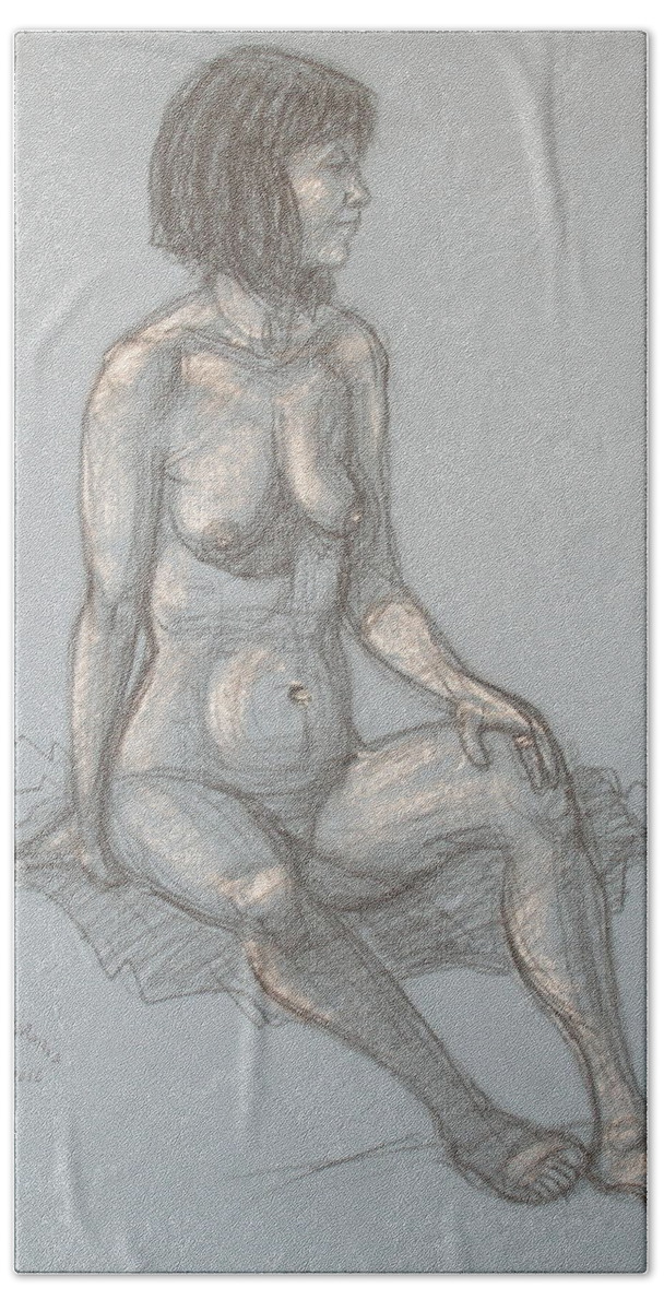 Realism Beach Towel featuring the drawing Cynthia Seated from Side by Donelli DiMaria