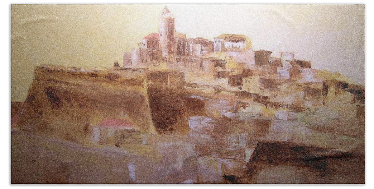 Original Cityscpae Beach Towel featuring the painting D Alt Vila Ibiza Old Town by Lizzy Forrester