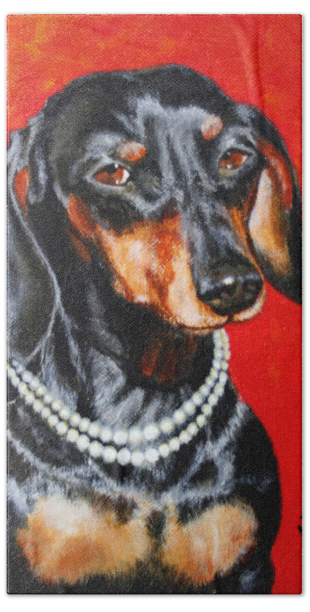 Black Beach Sheet featuring the painting Dachshund in Pearls by Jimmie Bartlett