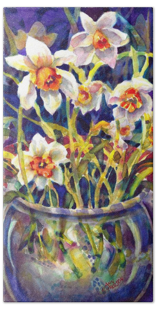 Painting Beach Sheet featuring the painting Daffodils and Lace by Ann Nicholson