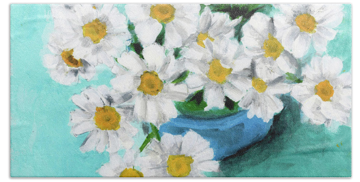 Daisies Beach Sheet featuring the painting Daisies in Blue Bowl by Debbie Brown