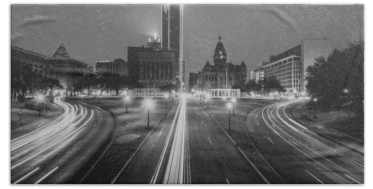 Dallas Beach Towel featuring the photograph Dallas Dealey Plaza Skyline - Texas - Black and White by Gregory Ballos
