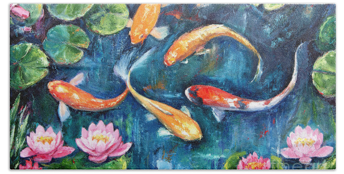 Impressionist Koi Fish Beach Towel featuring the painting Dance of the Koi by Jennifer Beaudet