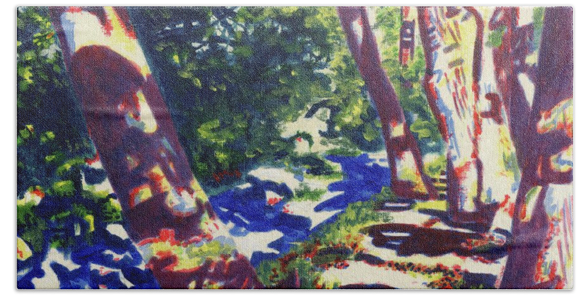 Dappled Light Welsh Stream Abstract Painting Beach Towel featuring the painting Dappled Light on a Welsh Stream abstract painting by Edward McNaught-Davis