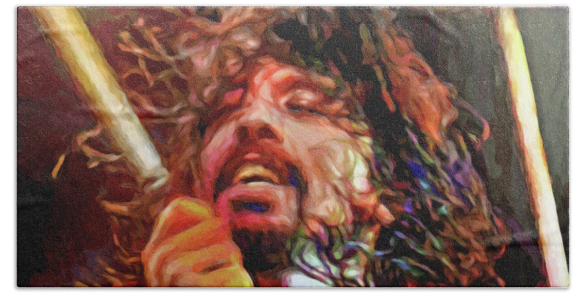 Dave Grohl Beach Towel featuring the mixed media Dave Grohl, musician #3 by Mal Bray