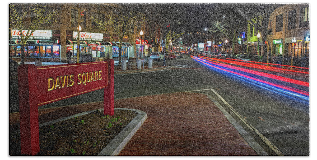 Davis Beach Towel featuring the photograph Davis Square Sign Somerville MA Mikes by Toby McGuire