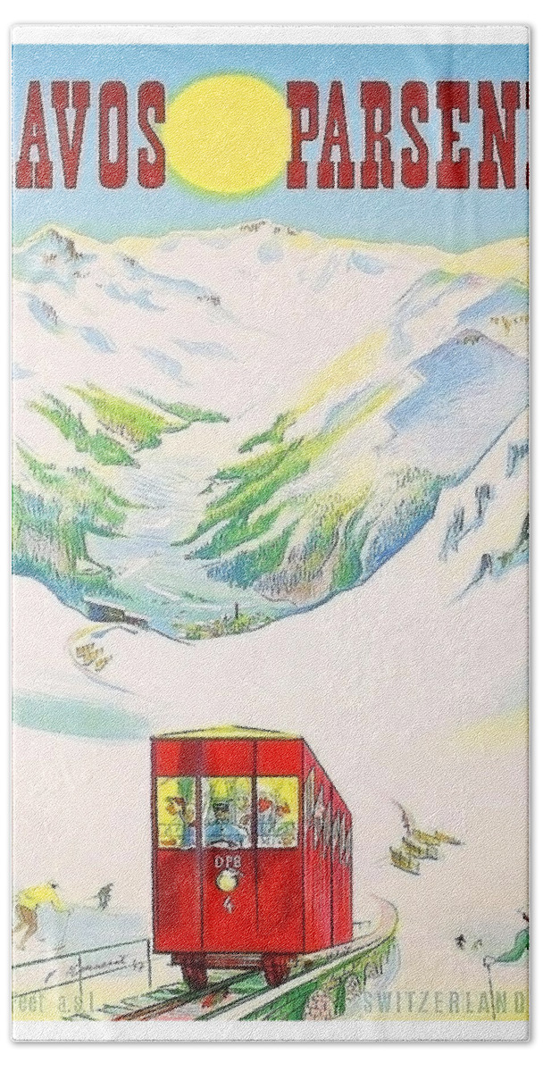 Davos Parsenn Beach Towel featuring the painting Davos Parsenn, Switzerland, travel poster by Long Shot