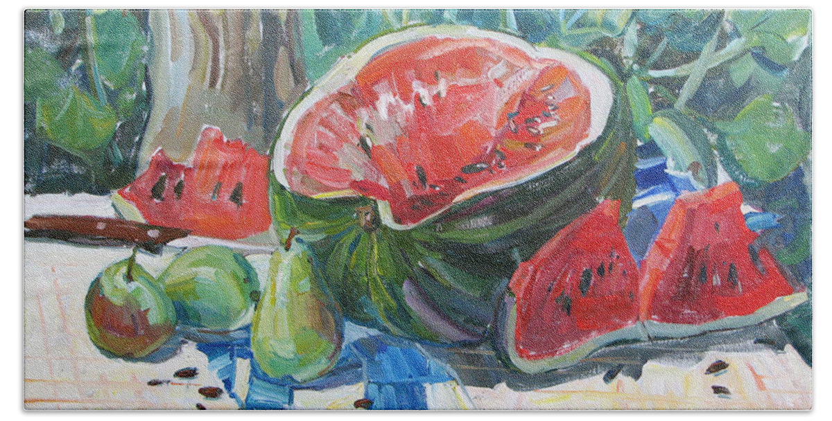 Summer Still-life Beach Towel featuring the painting Day of a water-melon by Juliya Zhukova