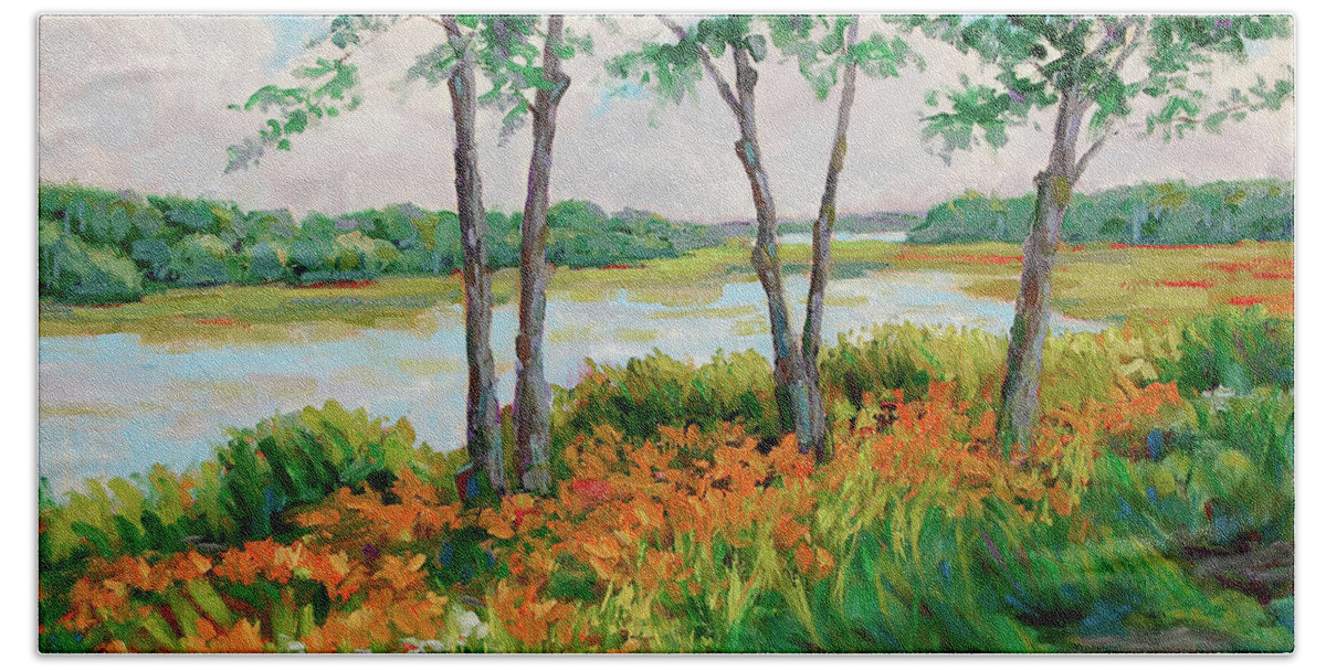 Summer Lilies Beach Towel featuring the painting Daylilies At Whalebone Creek by Barbara Hageman