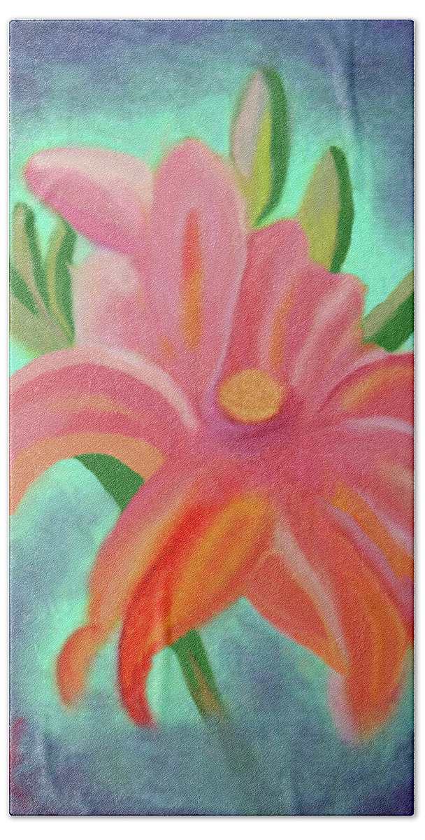 Daylily Beach Towel featuring the painting Daylily at Dusk by Margaret Harmon