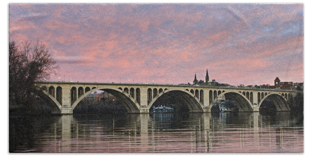 key Bridge Beach Towel featuring the photograph DC Sunrise over the Potomac River by Brendan Reals