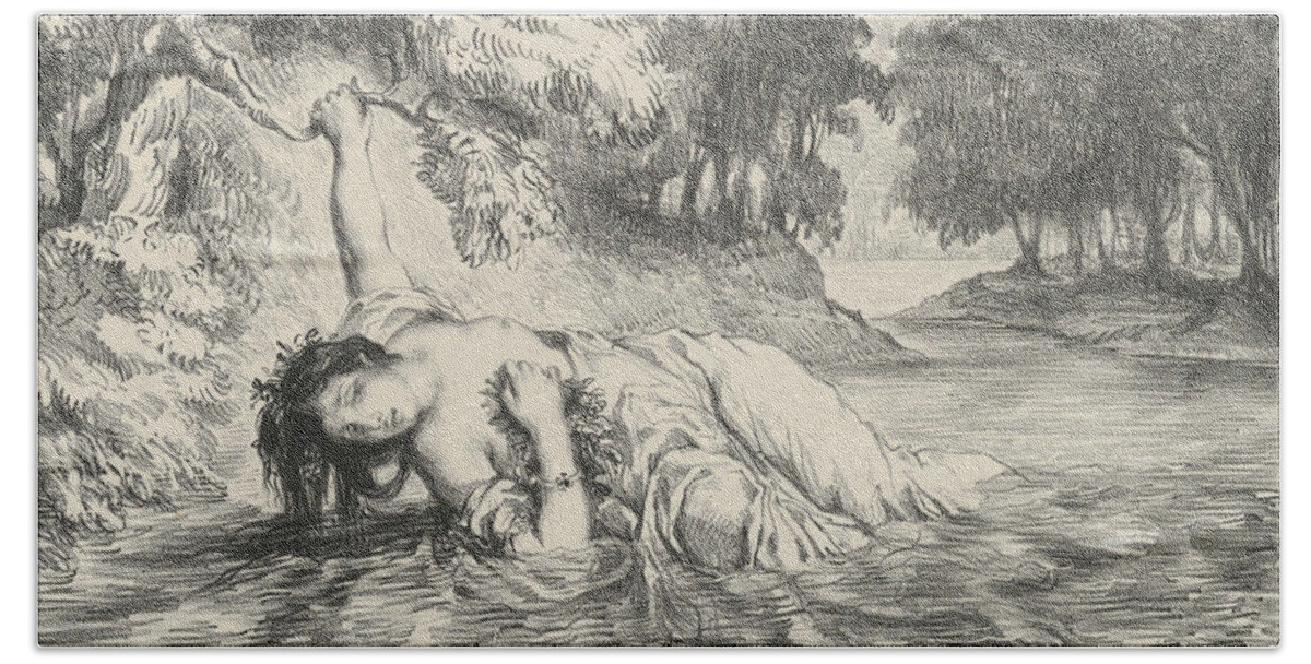 19th Century Art Beach Towel featuring the relief Death of Ophelia by Eugene Delacroix