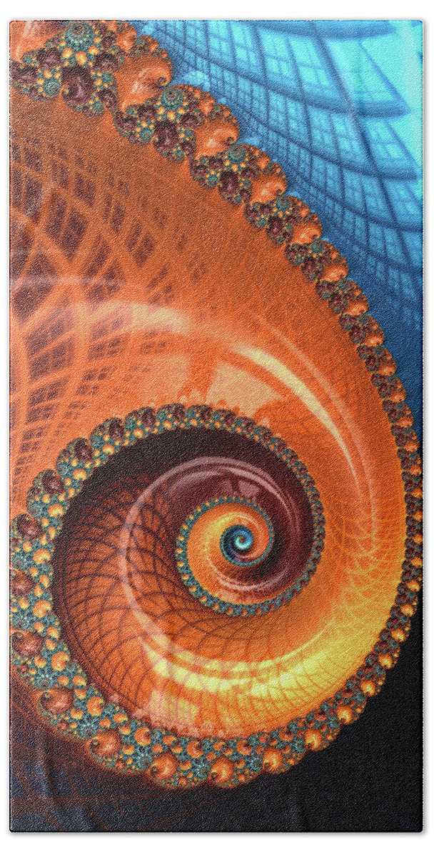 Spiral Beach Towel featuring the digital art Decorative Fractal Spiral orange coral blue by Matthias Hauser