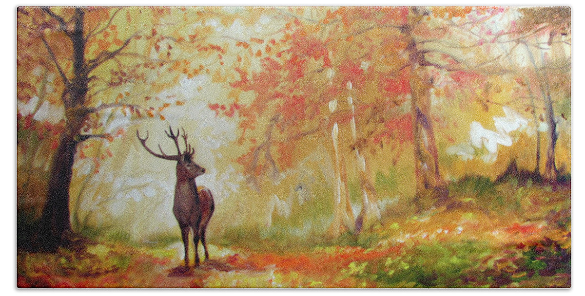 Wildlife Beach Towel featuring the painting DEER on the WOODEN PATH by Marcia Baldwin