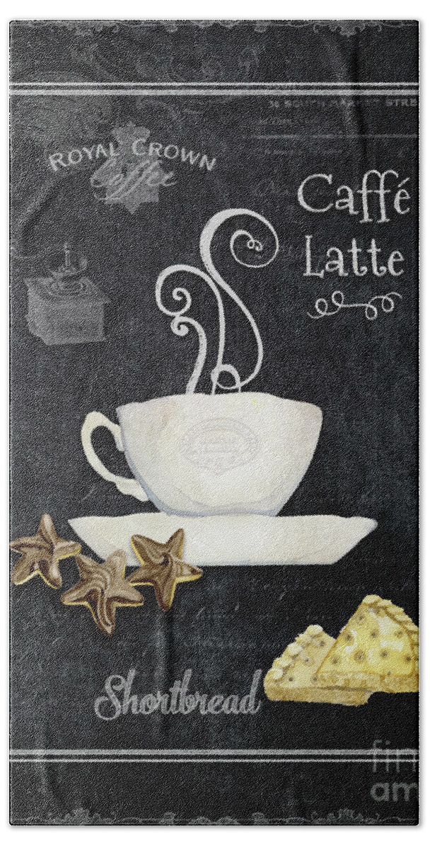 Coffee Art Beach Towel featuring the painting Deja Brew Chalkboard Coffee 2 Caffe Latte Shortbread Chocolate cookies by Audrey Jeanne Roberts