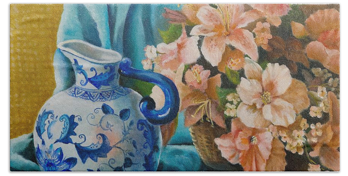 Still Life Beach Sheet featuring the painting Delft Pitcher with Flowers by Marlene Book
