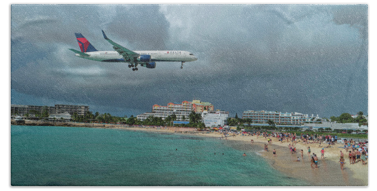 Delta Air Lines Beach Towel featuring the photograph Delta Air Lines 757 at SXM airport by David Gleeson