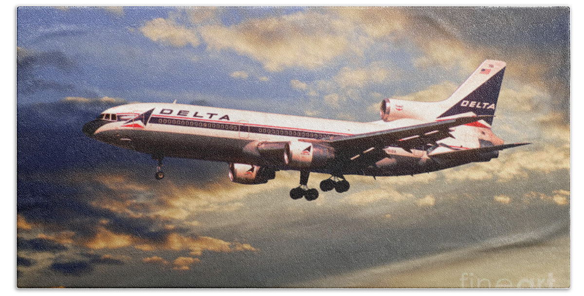 Delta Beach Towel featuring the digital art Delta Airlines Lockheed L-1011 TriStar by Airpower Art