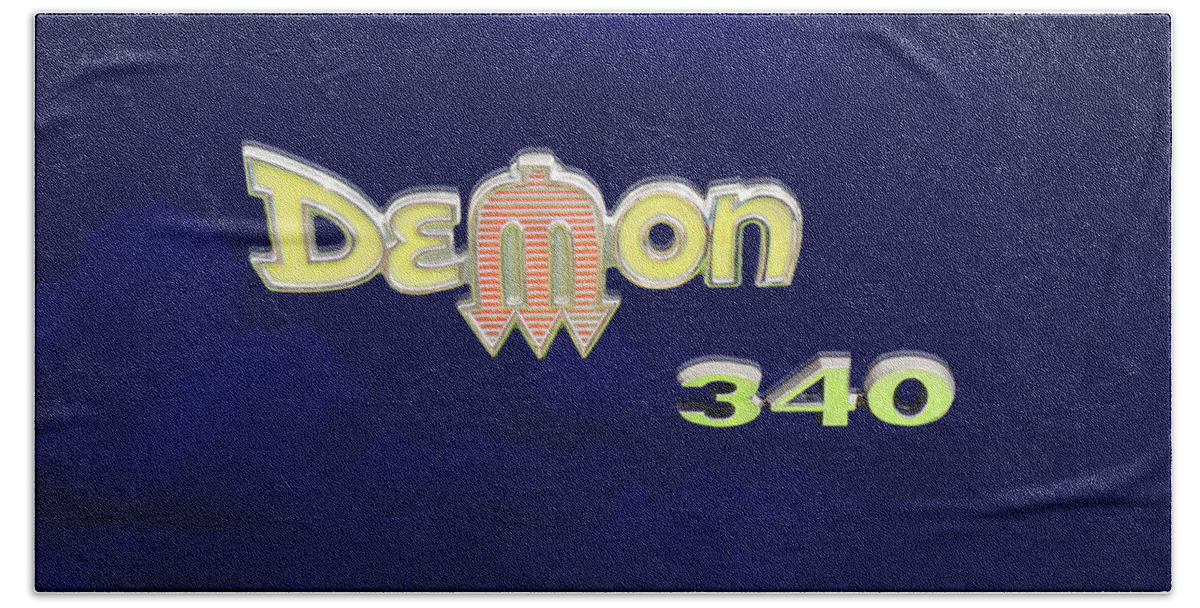 Dodge Beach Towel featuring the photograph Demon 340 Emblem by Mike McGlothlen