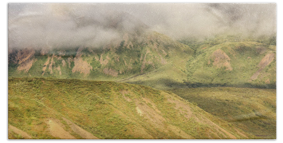 Alaska Beach Towel featuring the photograph Denali National Park Mountain Under Clouds by Joni Eskridge