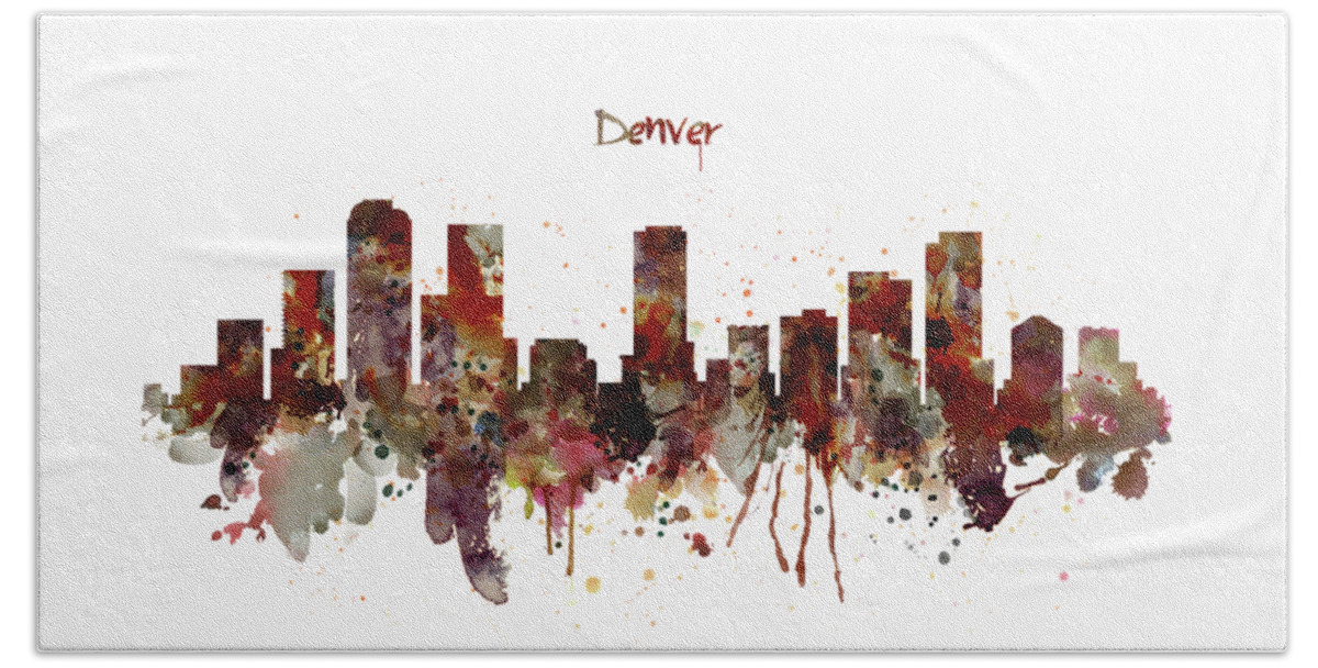 Denver Beach Sheet featuring the painting Denver Skyline Silhouette by Marian Voicu
