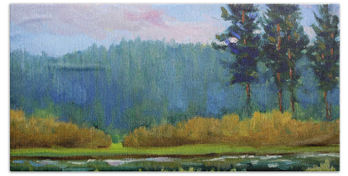 Oregon Landscape Painting Beach Towel featuring the painting Deschutes River Edge by Nancy Merkle
