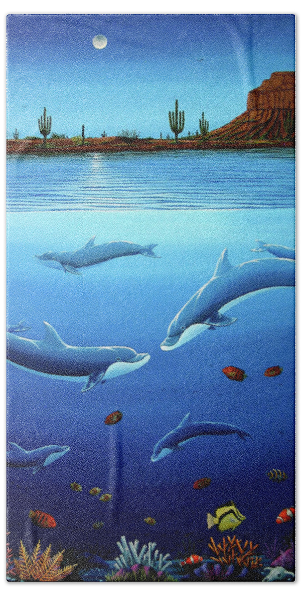 Ocean Beach Towel featuring the painting Desert Dolphins Close by Lance Headlee