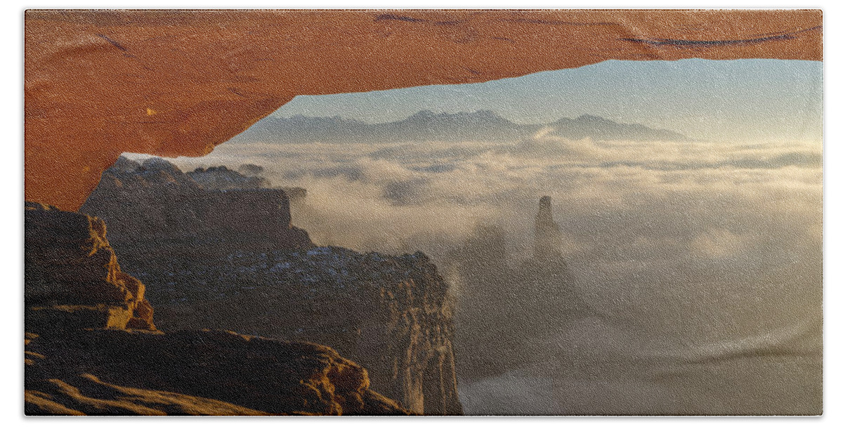 Mesa Arch Beach Towel featuring the photograph Desert Fog by Dustin LeFevre