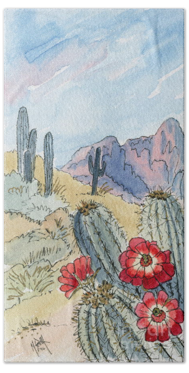 Desert Beach Towel featuring the painting Desert Scene One Ink and Watercolor by Marilyn Smith