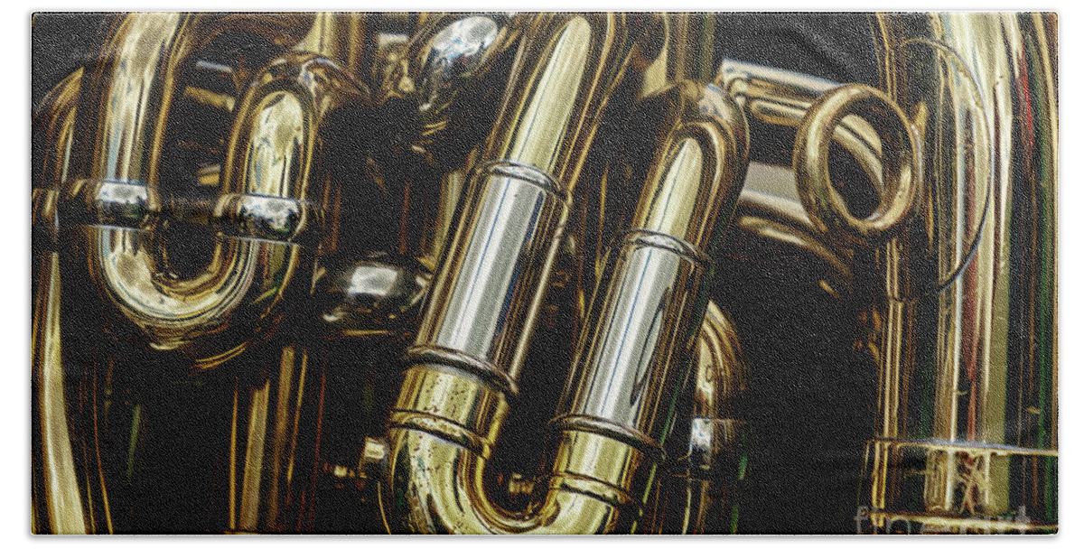 Tuba Beach Towel featuring the photograph Detail of the brass pipes of a tuba by Jane Rix