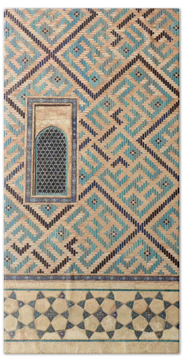 Khoja Beach Sheet featuring the photograph Detail of window and geometric patterns on Khoja Ahmed Yasawi Ma by Reimar Gaertner