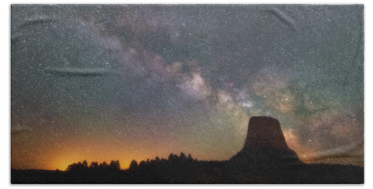 Devils Tower Beach Towel featuring the photograph Devils Night Watch by Darren White