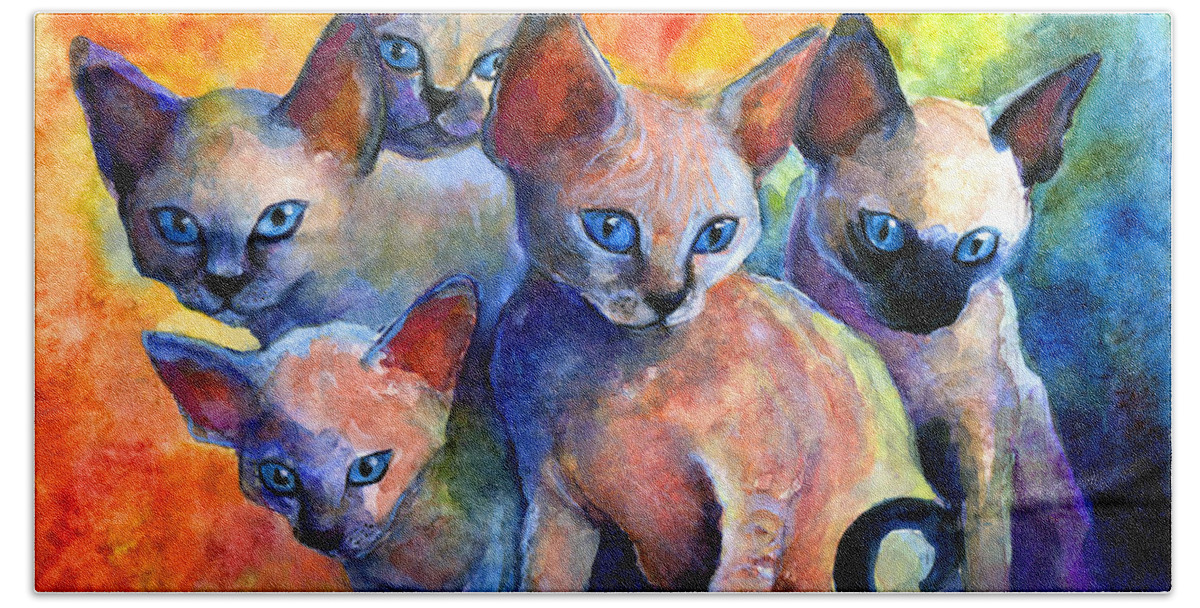 Kittens Beach Sheet featuring the painting Devon Rex kitten cats by Svetlana Novikova